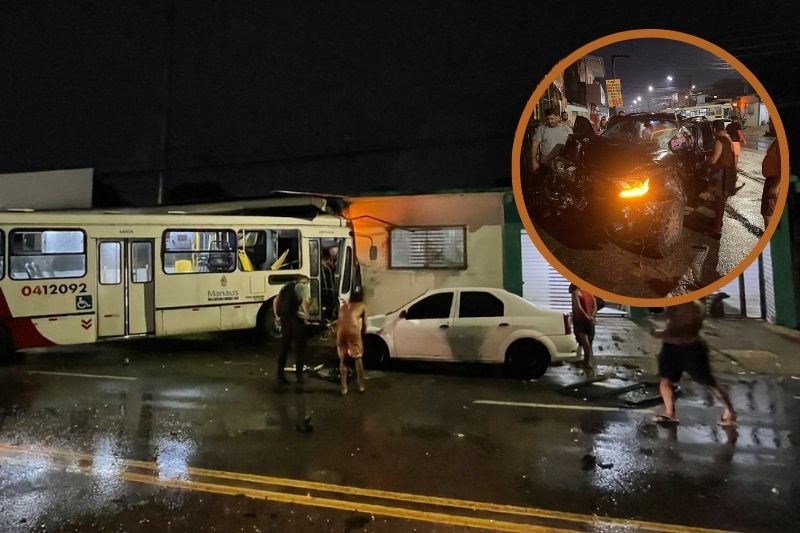 Acidente entre ônibus e picape deixa 6 pessoas feridas e pet shop destruído