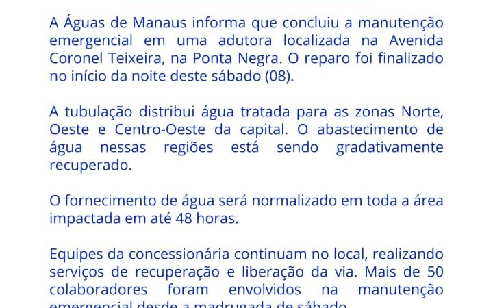 A manutenção emergencial na av. Coronel Teixeira foi concluída. Segue comunicado