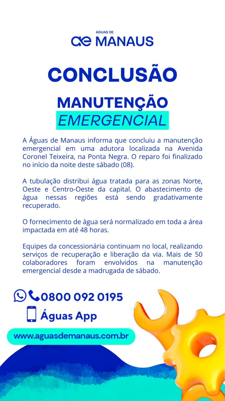 A manutenção emergencial na av. Coronel Teixeira foi concluída. Segue comunicado