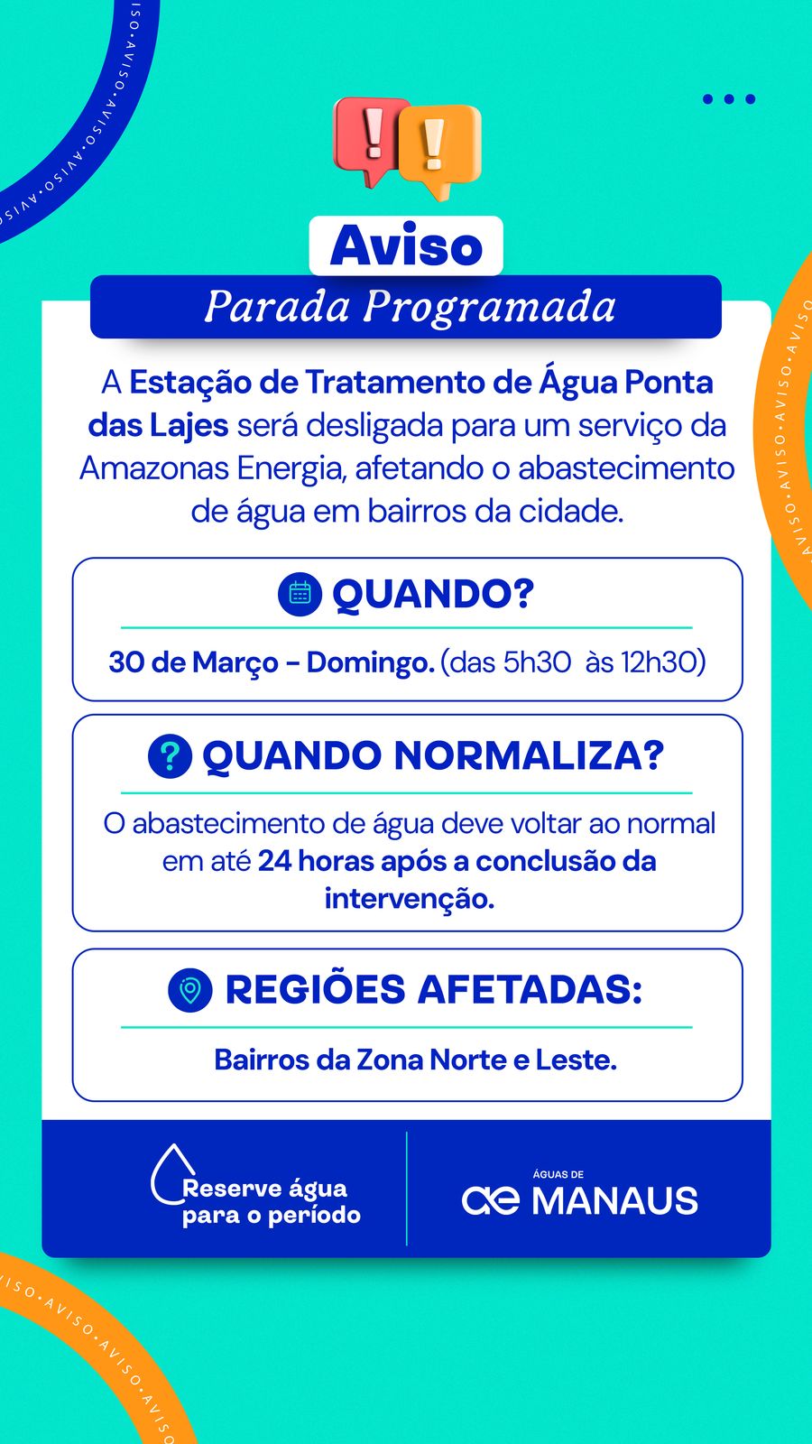 Serviço de concessionária de energia impacta abastecimento de água em áreas atendidas pela ETA Ponta das Lajes no domingo (30)