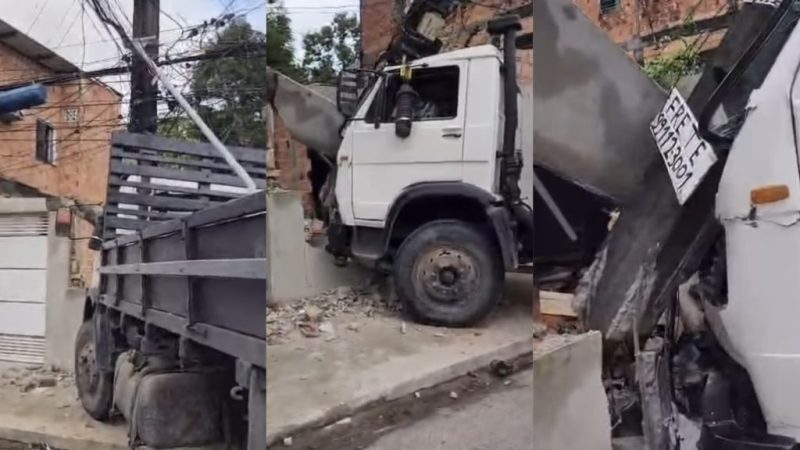 Caminhão que transportava tijolos perde o controle, colide com muro e derruba poste de energia em Manaus