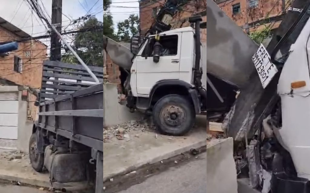 Caminhão que transportava tijolos perde o controle, colide com muro e derruba poste de energia em Manaus