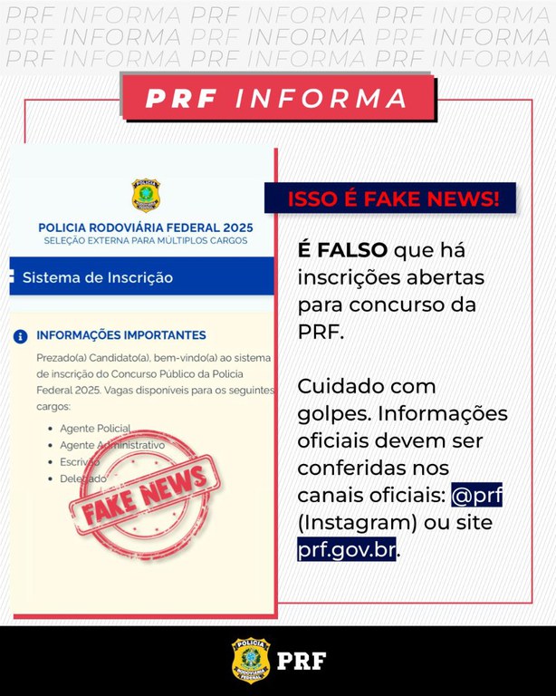 PRF alerta sobre fake news de concurso público e site falso