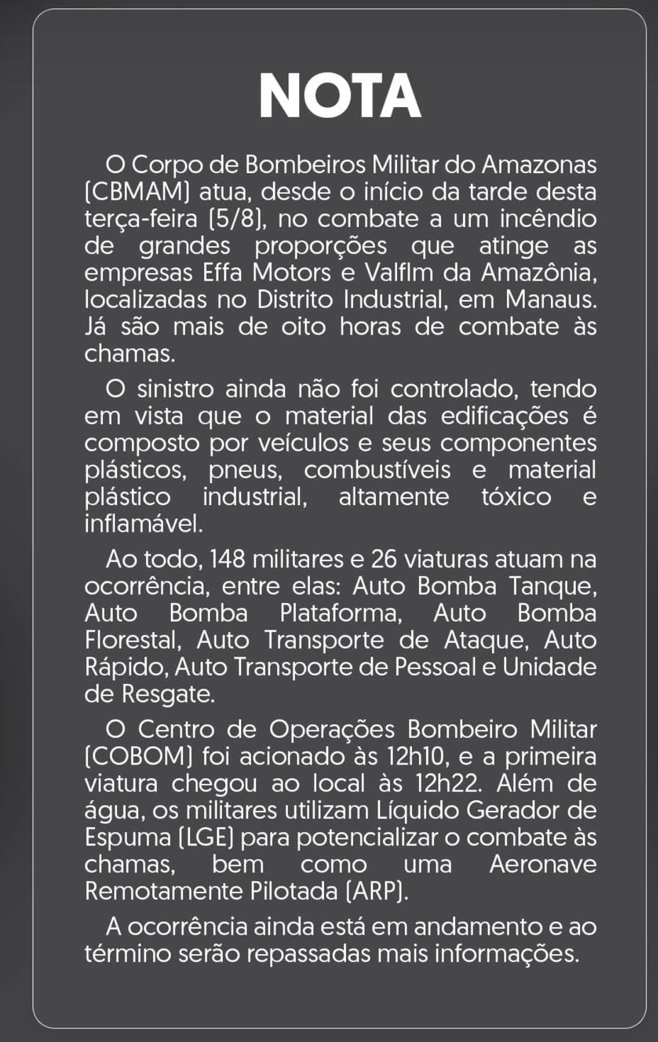 NOTA – Corpo de Bombeiros Militar do Amazonas