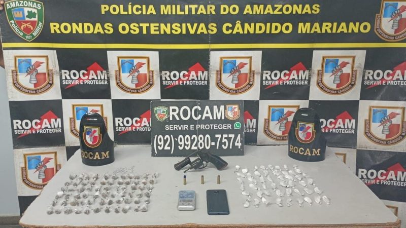 PMAM captura foragido da Justiça em posse de 115 porções de drogas e arma de fogo
