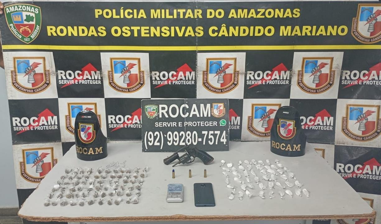 PMAM captura foragido da Justiça em posse de 115 porções de drogas e arma de fogo