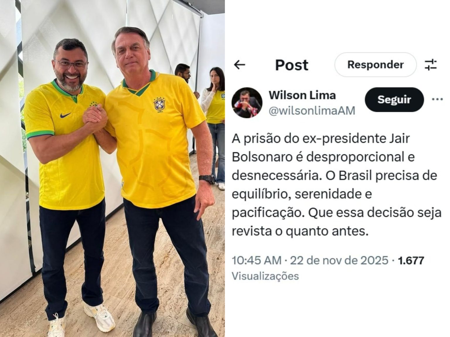 Governador do Amazonas, Wilson Lima, critica prisão de Bolsonaro; Veja o que ele disse