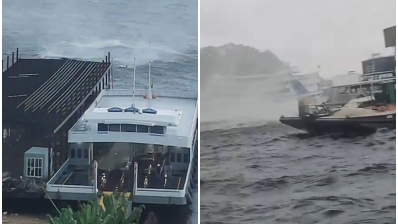 Tromba d’água agita barcos e assusta moradores na orla de Manaus