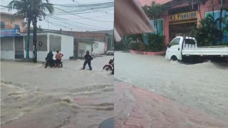 Temporal inunda ruas, invade casas e derruba muro em Manaus