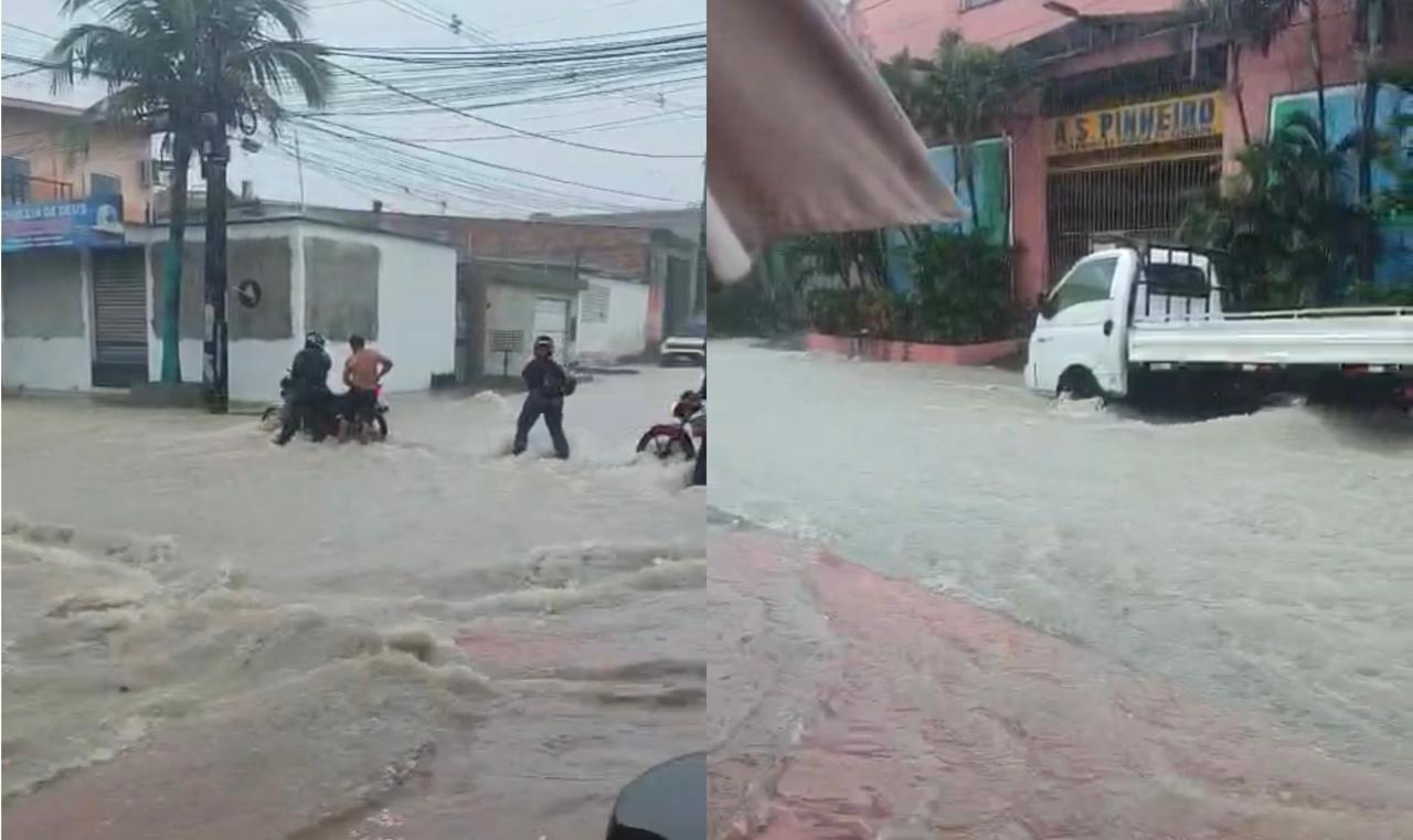 Temporal inunda ruas, invade casas e derruba muro em Manaus
