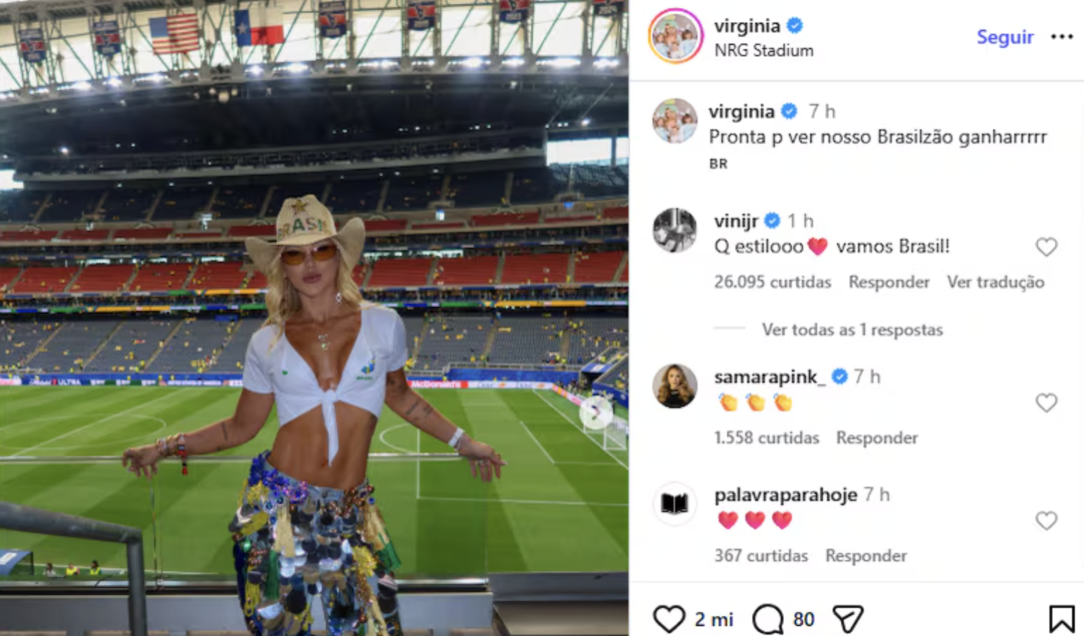 Comentário de Vini Jr. em foto de Virginia Fonseca anima fãs após vitória do Brasil na Copa