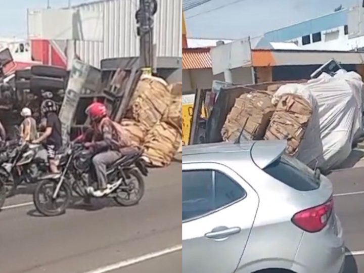 Carreta invade contramão e atinge poste na avenida Grande Circular