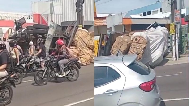Carreta invade contramão e atinge poste na avenida Grande Circular