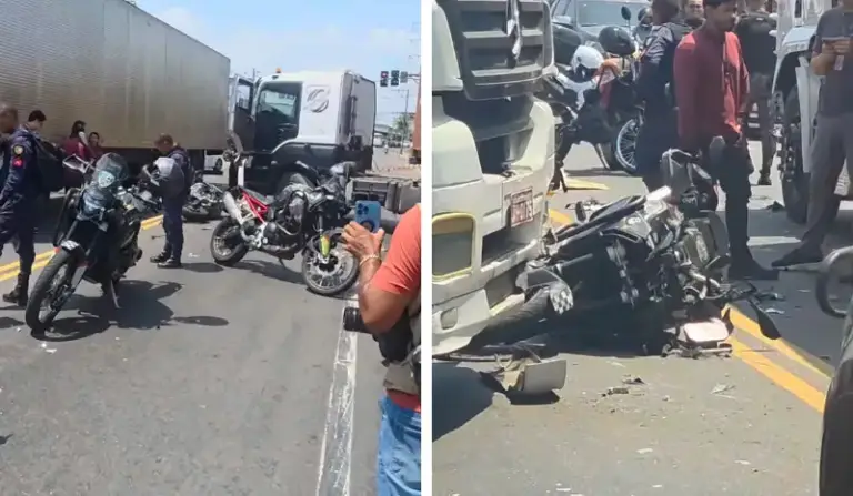 Motocicleta da Rocam é atingida em acidente com carretas em Manaus